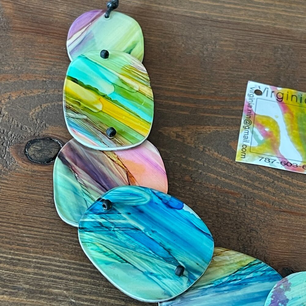 Virginia Nin Puerto Rico Artist Two Sided Statement Necklace Resin One of a Kind - Picture 6 of 8